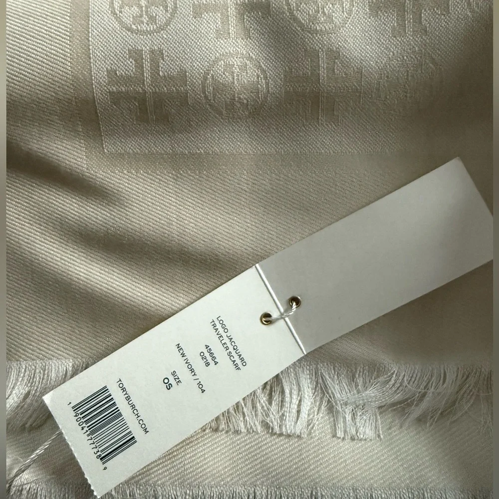 Tory Burch Logo Jacquard Traveler Silk and Wool Scarf in New Ivory - Picture 2 of 9